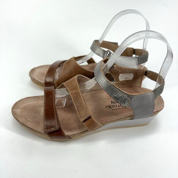 Women Naot Goddess Sandals Brown Silver Leather Low Wedge Heels Size 39 US 8 - Picture 4 of 9